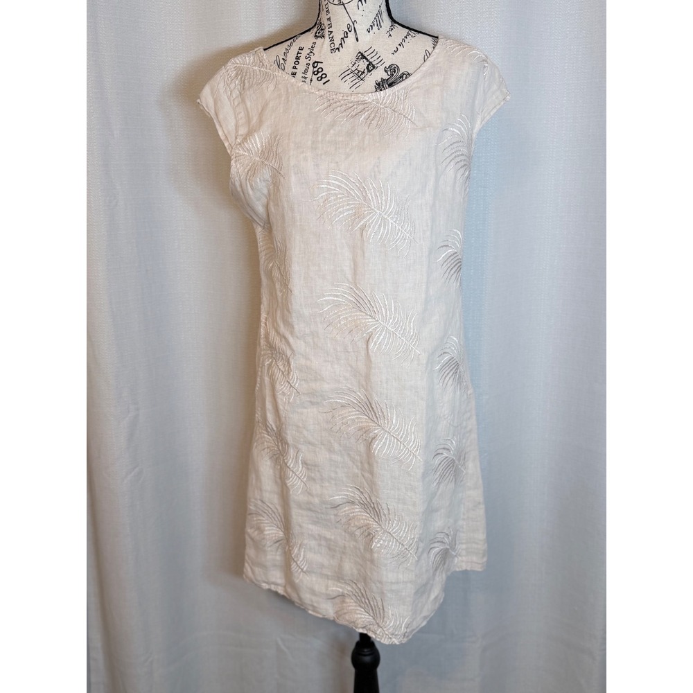 Lungo L'Arno Shift Dress Womens M Beige Good Embroidered Linen Cap Sleeve